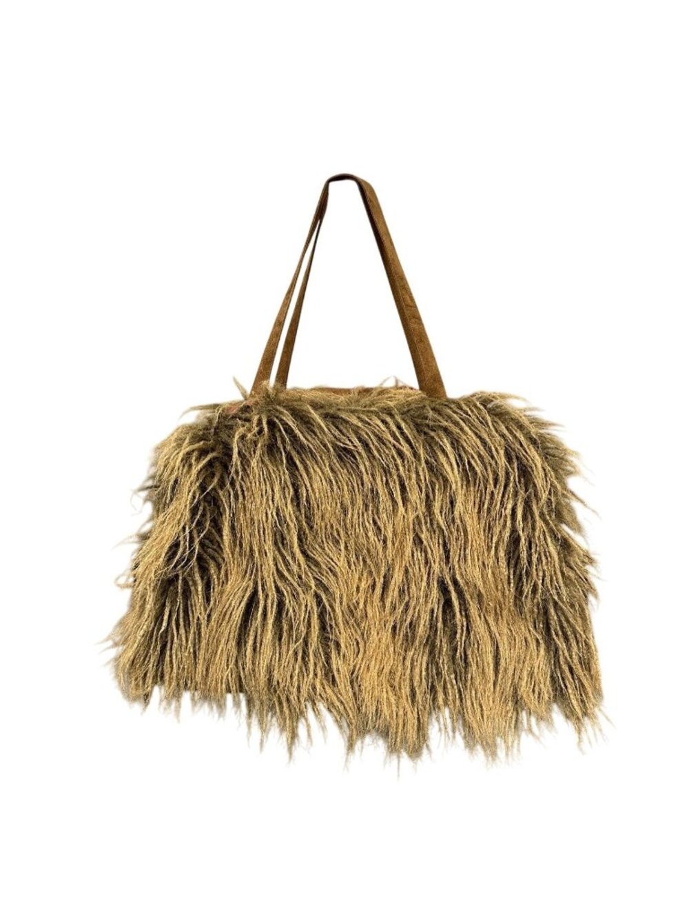 Atenti Shaggy Faux Fur Overnighter Bag Brown Red Gingham Made USA 21" Vintage